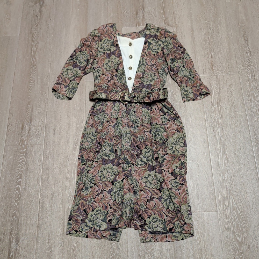 Vintage 80s Peri Petites Floral Tapestry Midi Dress Belted Button Bib Made USA